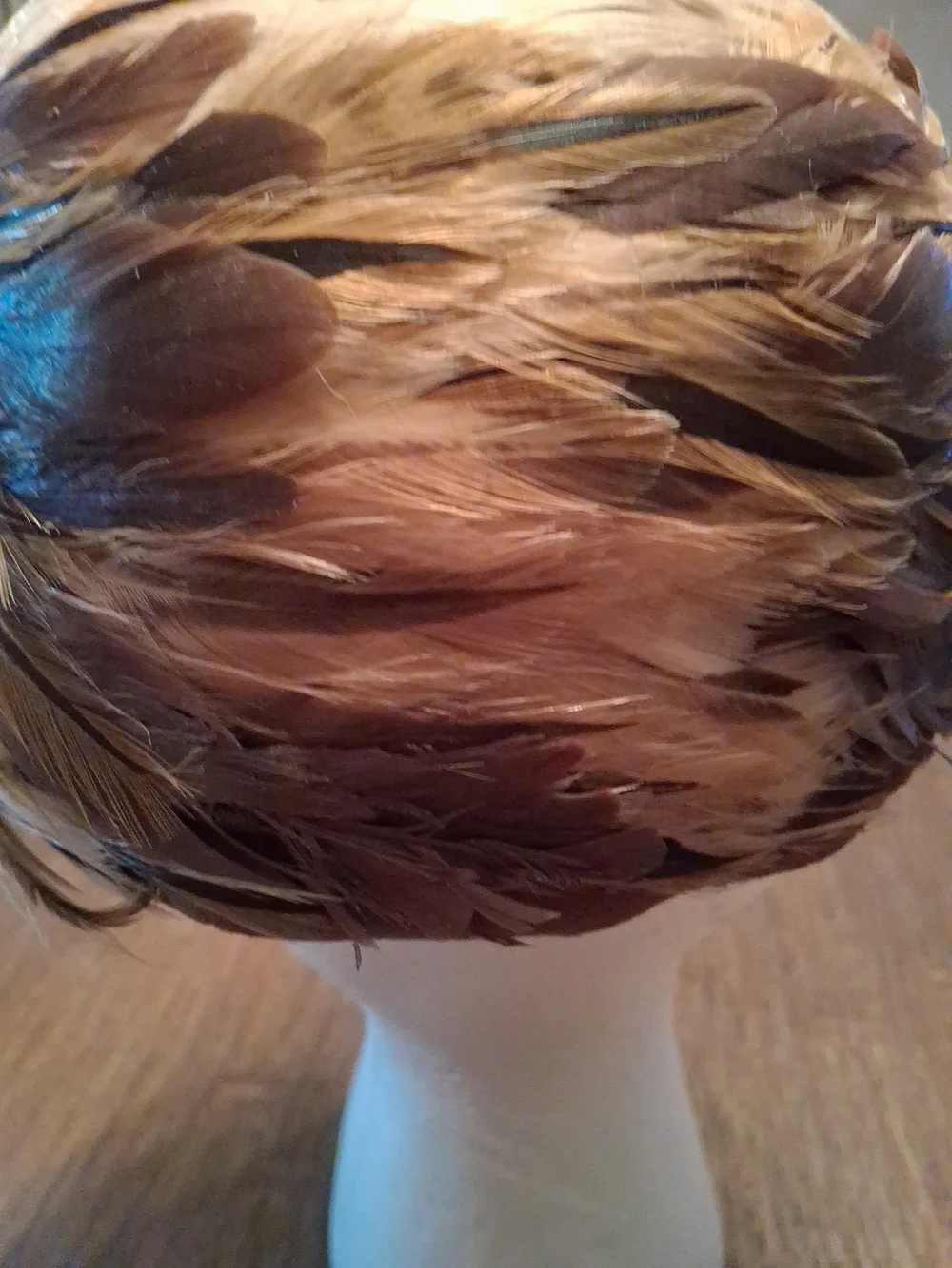 Large Feather Cloche Hat in Brown and Tan